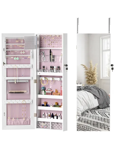 HOMCOM 108 x 37cm Lockable Jewellery Cabinet, with LED Lights - White Surface and Pink Lining