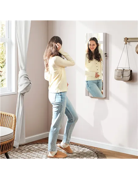 HOMCOM 108 x 37cm Lockable Jewellery Cabinet, with LED Lights - White Surface and Pink Lining