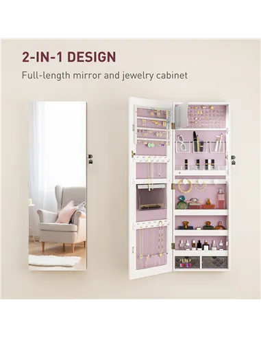 HOMCOM 108 x 37cm Lockable Jewellery Cabinet, with LED Lights - White Surface and Pink Lining