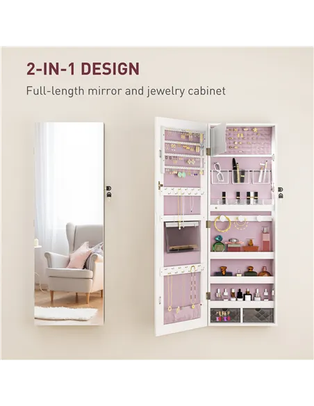 HOMCOM 108 x 37cm Lockable Jewellery Cabinet, with LED Lights - White Surface and Pink Lining