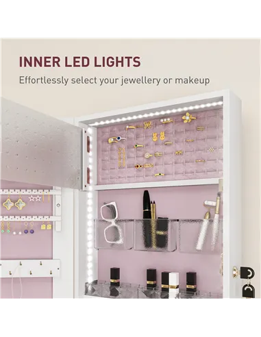 HOMCOM 108 x 37cm Lockable Jewellery Cabinet, with LED Lights - White Surface and Pink Lining