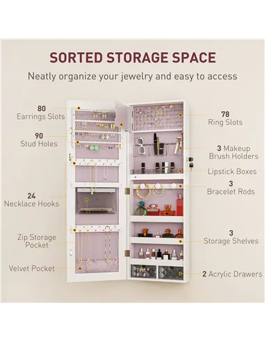 HOMCOM 108 x 37cm Lockable Jewellery Cabinet, with LED Lights - White Surface and Pink Lining