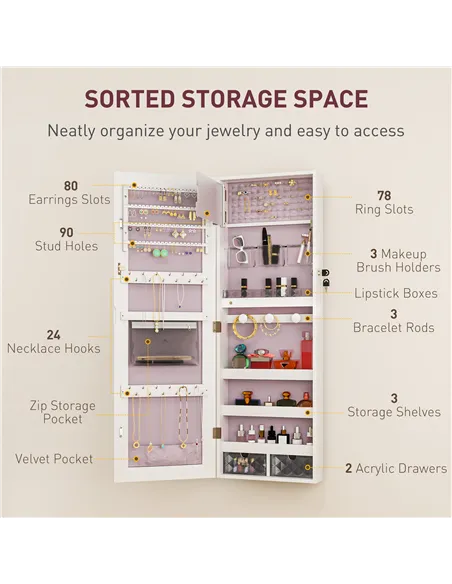 HOMCOM 108 x 37cm Lockable Jewellery Cabinet, with LED Lights - White Surface and Pink Lining