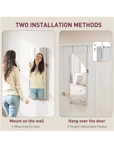 HOMCOM 108 x 37cm Lockable Jewellery Cabinet, with LED Lights - White Surface and Pink Lining