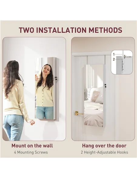 HOMCOM 108 x 37cm Lockable Jewellery Cabinet, with LED Lights - White Surface and Pink Lining