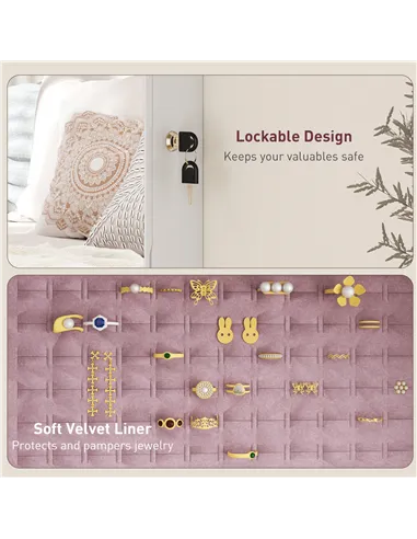 HOMCOM 108 x 37cm Lockable Jewellery Cabinet, with LED Lights - White Surface and Pink Lining