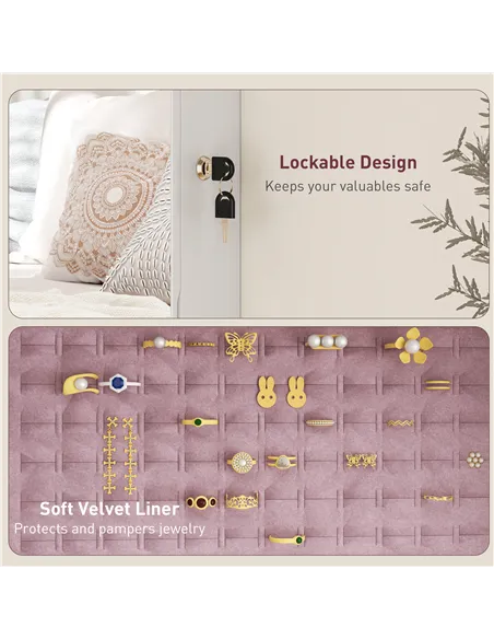 HOMCOM 108 x 37cm Lockable Jewellery Cabinet, with LED Lights - White Surface and Pink Lining