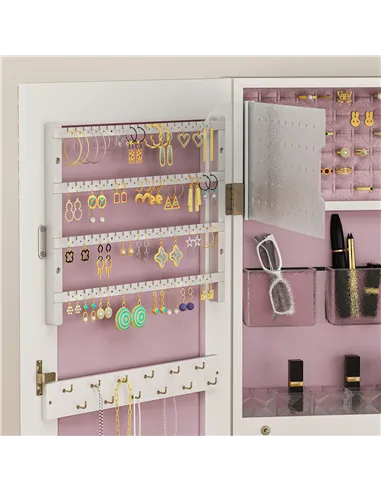 HOMCOM 108 x 37cm Lockable Jewellery Cabinet, with LED Lights - White Surface and Pink Lining
