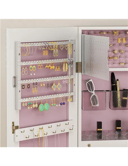 HOMCOM 108 x 37cm Lockable Jewellery Cabinet, with LED Lights - White Surface and Pink Lining