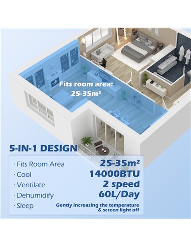 HOMCOM 14000 BTU Mobile Air Conditioner for Room up to 35m², Smart Home WiFi Compatible, with Dehumidifier, Fan, 24H Timer
