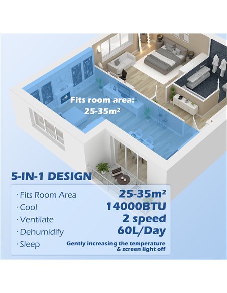 HOMCOM 14000 BTU Mobile Air Conditioner for Room up to 35m², Smart Home WiFi Compatible, with Dehumidifier, Fan, 24H Timer