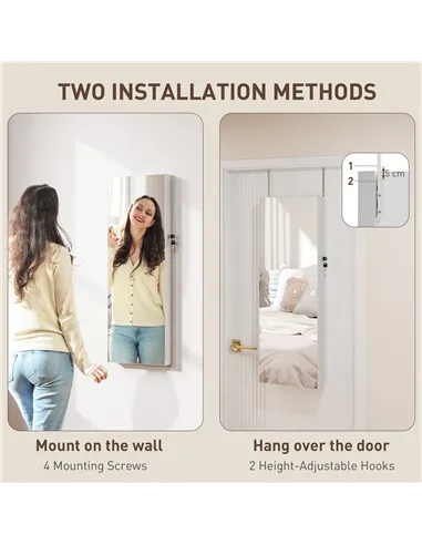 HOMCOM 108 x 37cm Lockable Jewellery Cabinet, with LED Lights - White Surface and Black Lining