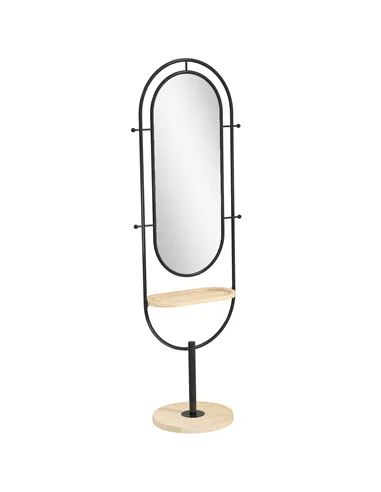 HOMCOM Oval Full Length Mirror with Wooden Tray and 4 Hooks - Black