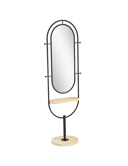 HOMCOM Oval Full Length Mirror with Wooden Tray and 4 Hooks - Black