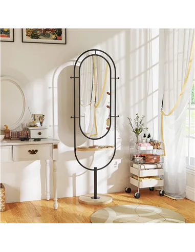 HOMCOM Oval Full Length Mirror with Wooden Tray and 4 Hooks - Black