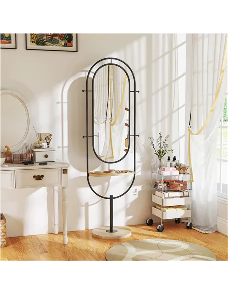 HOMCOM Oval Full Length Mirror with Wooden Tray and 4 Hooks - Black