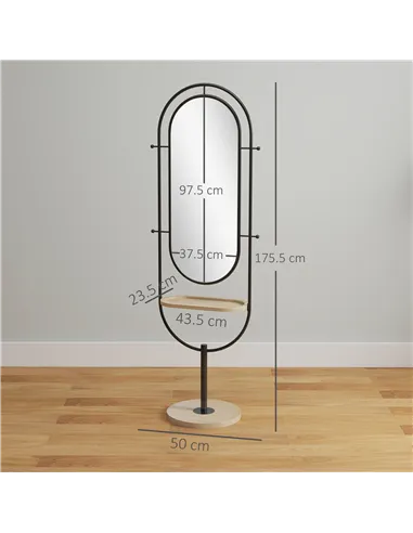 HOMCOM Oval Full Length Mirror with Wooden Tray and 4 Hooks - Black