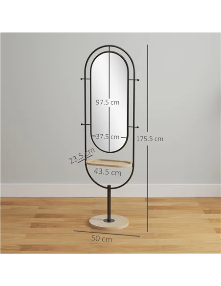 HOMCOM Oval Full Length Mirror with Wooden Tray and 4 Hooks - Black