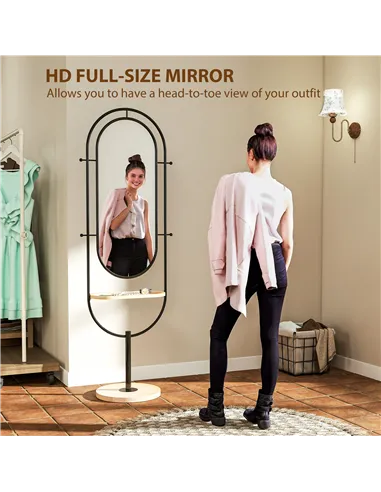 HOMCOM Oval Full Length Mirror with Wooden Tray and 4 Hooks - Black