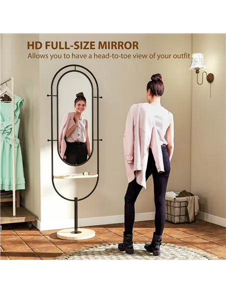 HOMCOM Oval Full Length Mirror with Wooden Tray and 4 Hooks - Black