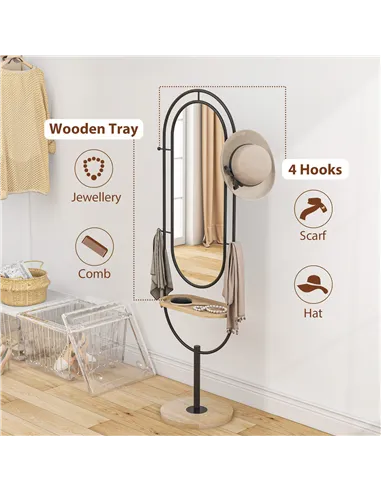 HOMCOM Oval Full Length Mirror with Wooden Tray and 4 Hooks - Black