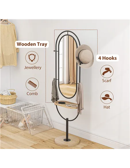 HOMCOM Oval Full Length Mirror with Wooden Tray and 4 Hooks - Black