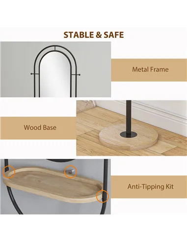 HOMCOM Oval Full Length Mirror with Wooden Tray and 4 Hooks - Black