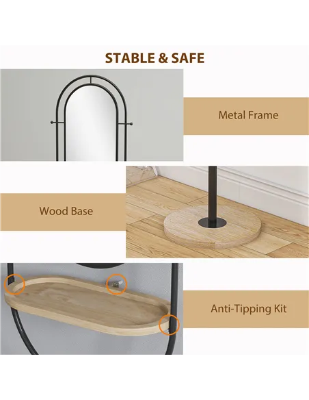 HOMCOM Oval Full Length Mirror with Wooden Tray and 4 Hooks - Black