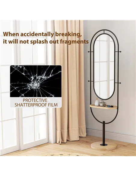 HOMCOM Oval Full Length Mirror with Wooden Tray and 4 Hooks - Black