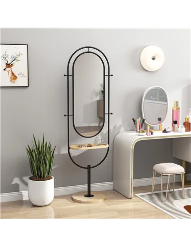 HOMCOM Oval Full Length Mirror with Wooden Tray and 4 Hooks - Black