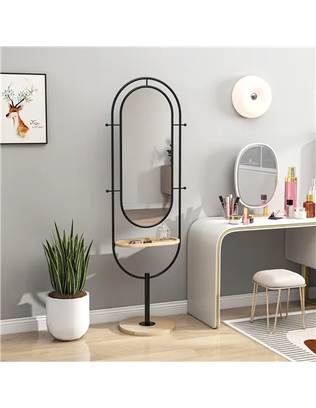 HOMCOM Oval Full Length Mirror with Wooden Tray and 4 Hooks - Black