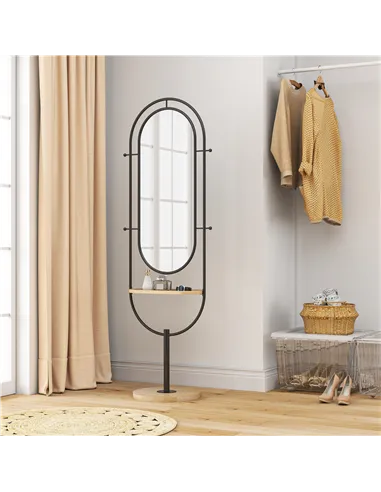 HOMCOM Oval Full Length Mirror with Wooden Tray and 4 Hooks - Black
