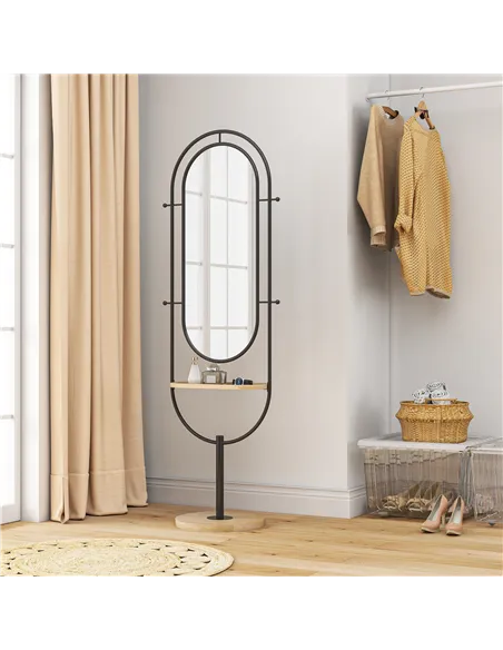 HOMCOM Oval Full Length Mirror with Wooden Tray and 4 Hooks - Black