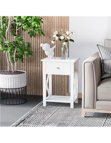 HOMCOM End Table, Sofa Side Table with Drawer X Bar Bottom Storage Shelf, Nightstand Bedside Table for Bedroom or Living Room Wh