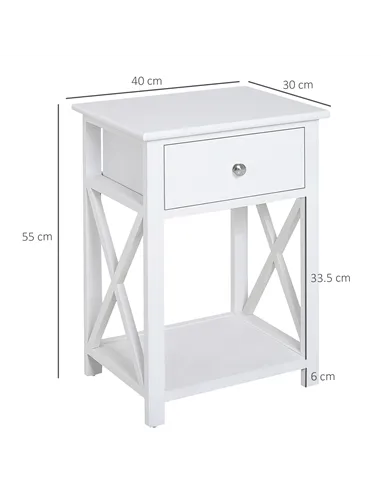 HOMCOM End Table, Sofa Side Table with Drawer X Bar Bottom Storage Shelf, Nightstand Bedside Table for Bedroom or Living Room Wh