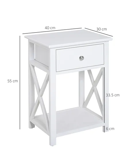 HOMCOM End Table, Sofa Side Table with Drawer X Bar Bottom Storage Shelf, Nightstand Bedside Table for Bedroom or Living Room Wh