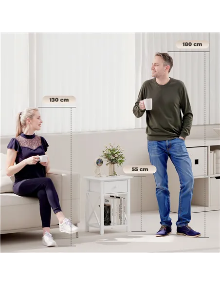 HOMCOM End Table, Sofa Side Table with Drawer X Bar Bottom Storage Shelf, Nightstand Bedside Table for Bedroom or Living Room Wh