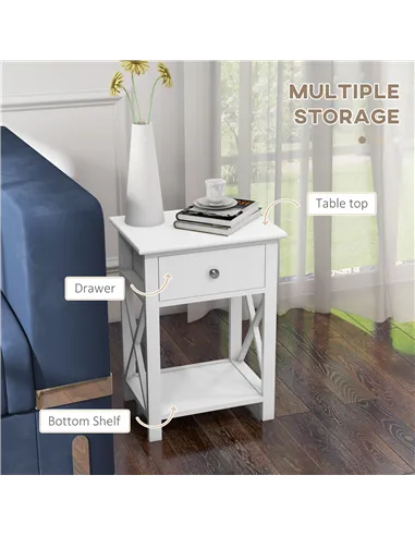 HOMCOM End Table, Sofa Side Table with Drawer X Bar Bottom Storage Shelf, Nightstand Bedside Table for Bedroom or Living Room Wh