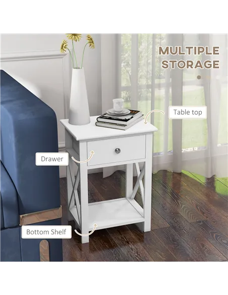 HOMCOM End Table, Sofa Side Table with Drawer X Bar Bottom Storage Shelf, Nightstand Bedside Table for Bedroom or Living Room Wh