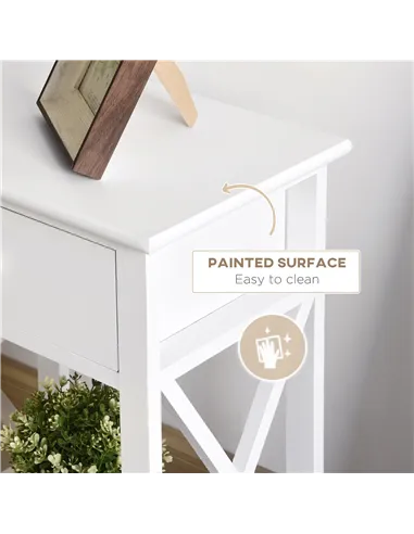 HOMCOM End Table, Sofa Side Table with Drawer X Bar Bottom Storage Shelf, Nightstand Bedside Table for Bedroom or Living Room Wh