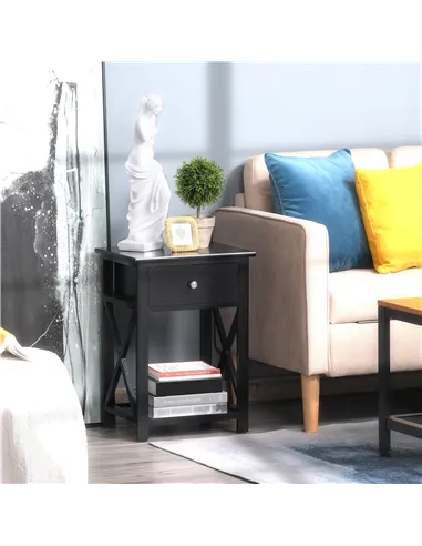HOMCOM End Table, Sofa Side Table with Drawer X Bar Bottom Storage Shelf, Nightstand Bedside Table for Bedroom or Living Room Bl