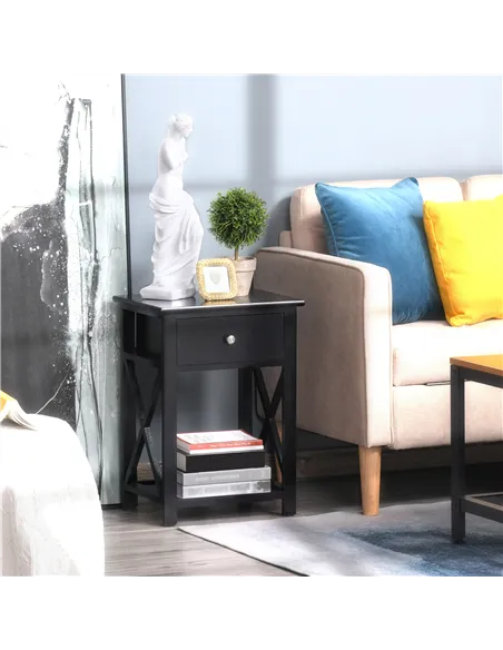 HOMCOM End Table, Sofa Side Table with Drawer X Bar Bottom Storage Shelf, Nightstand Bedside Table for Bedroom or Living Room Bl