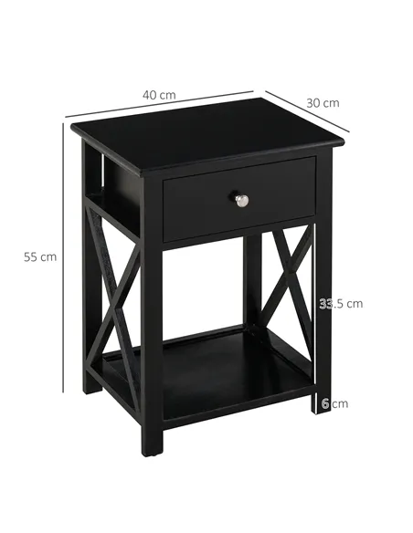 HOMCOM End Table, Sofa Side Table with Drawer X Bar Bottom Storage Shelf, Nightstand Bedside Table for Bedroom or Living Room Bl