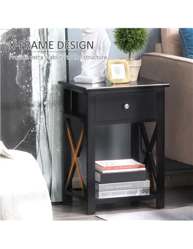 HOMCOM End Table, Sofa Side Table with Drawer X Bar Bottom Storage Shelf, Nightstand Bedside Table for Bedroom or Living Room Bl