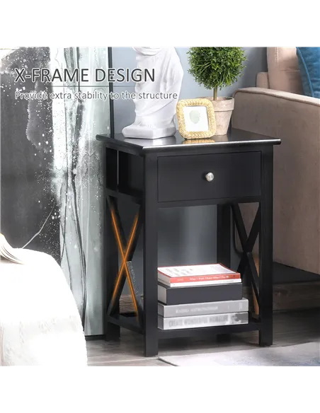 HOMCOM End Table, Sofa Side Table with Drawer X Bar Bottom Storage Shelf, Nightstand Bedside Table for Bedroom or Living Room Bl