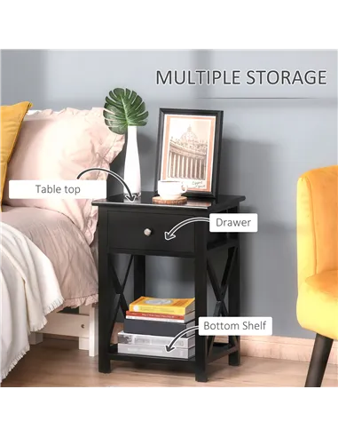 HOMCOM End Table, Sofa Side Table with Drawer X Bar Bottom Storage Shelf, Nightstand Bedside Table for Bedroom or Living Room Bl