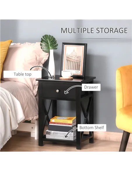 HOMCOM End Table, Sofa Side Table with Drawer X Bar Bottom Storage Shelf, Nightstand Bedside Table for Bedroom or Living Room Bl
