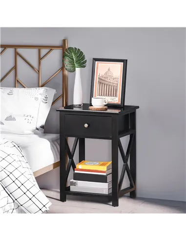 HOMCOM End Table, Sofa Side Table with Drawer X Bar Bottom Storage Shelf, Nightstand Bedside Table for Bedroom or Living Room Bl