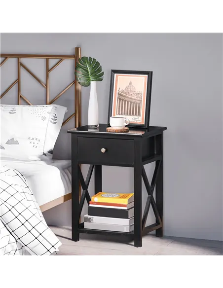 HOMCOM End Table, Sofa Side Table with Drawer X Bar Bottom Storage Shelf, Nightstand Bedside Table for Bedroom or Living Room Bl