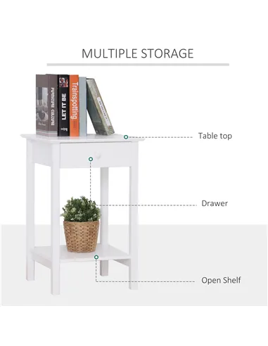 HOMCOM White Bedside Table, Wooden Side Table, Nightstand, Bedside Cabinet with Drawer and Storage Shelf for Bedroom and Living 